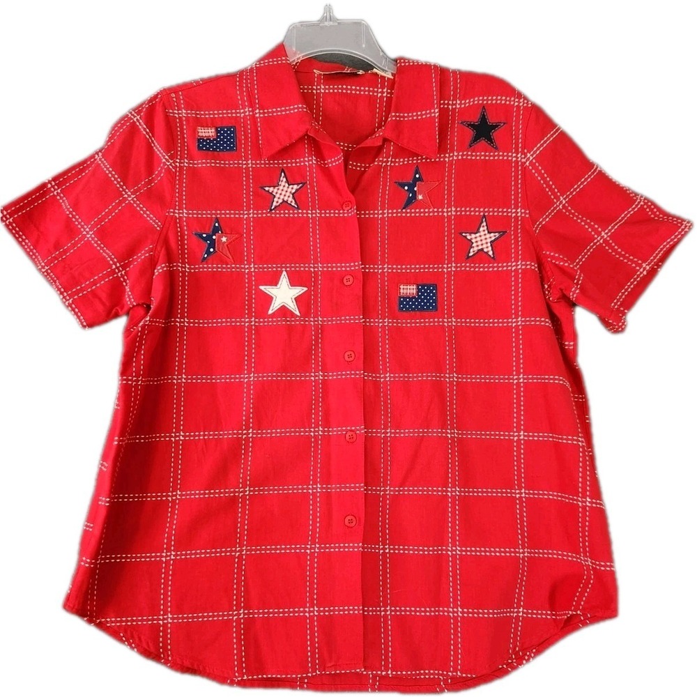 Y2K 90 Lemon Grass Grannycore XL Plaid Shirt Red Blue Star Patriotic Stars July